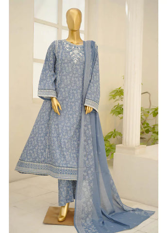 3 Piece Embroidred Stitched Ice Blue Color Lawn Frock with Trouser & Dupatta