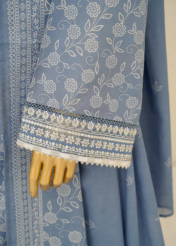 3 Piece Embroidred Stitched Ice Blue Color Lawn Frock with Trouser & Dupatta