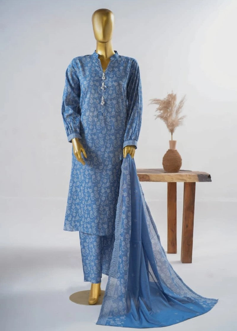 3 Piece Printed Stitched Light Blue Color Lawn Shirt with Trouser & Dupatta