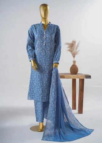 3 Piece Printed Stitched Light Blue Color Lawn Shirt with Trouser & Dupatta
