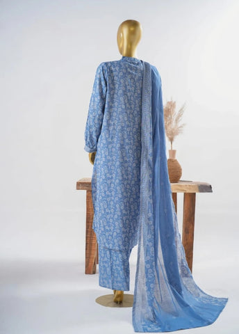 3 Piece Printed Stitched Light Blue Color Lawn Shirt with Trouser & Dupatta