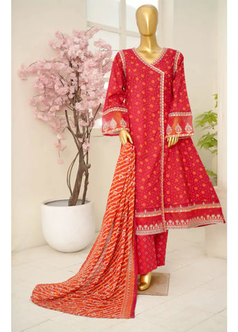 3 Piece Embroidred Stitched Color Lawn Frock with Trouser & Dupatta