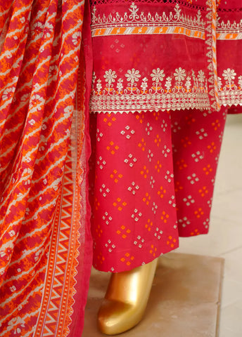 3 Piece Embroidred Stitched Color Lawn Frock with Trouser & Dupatta