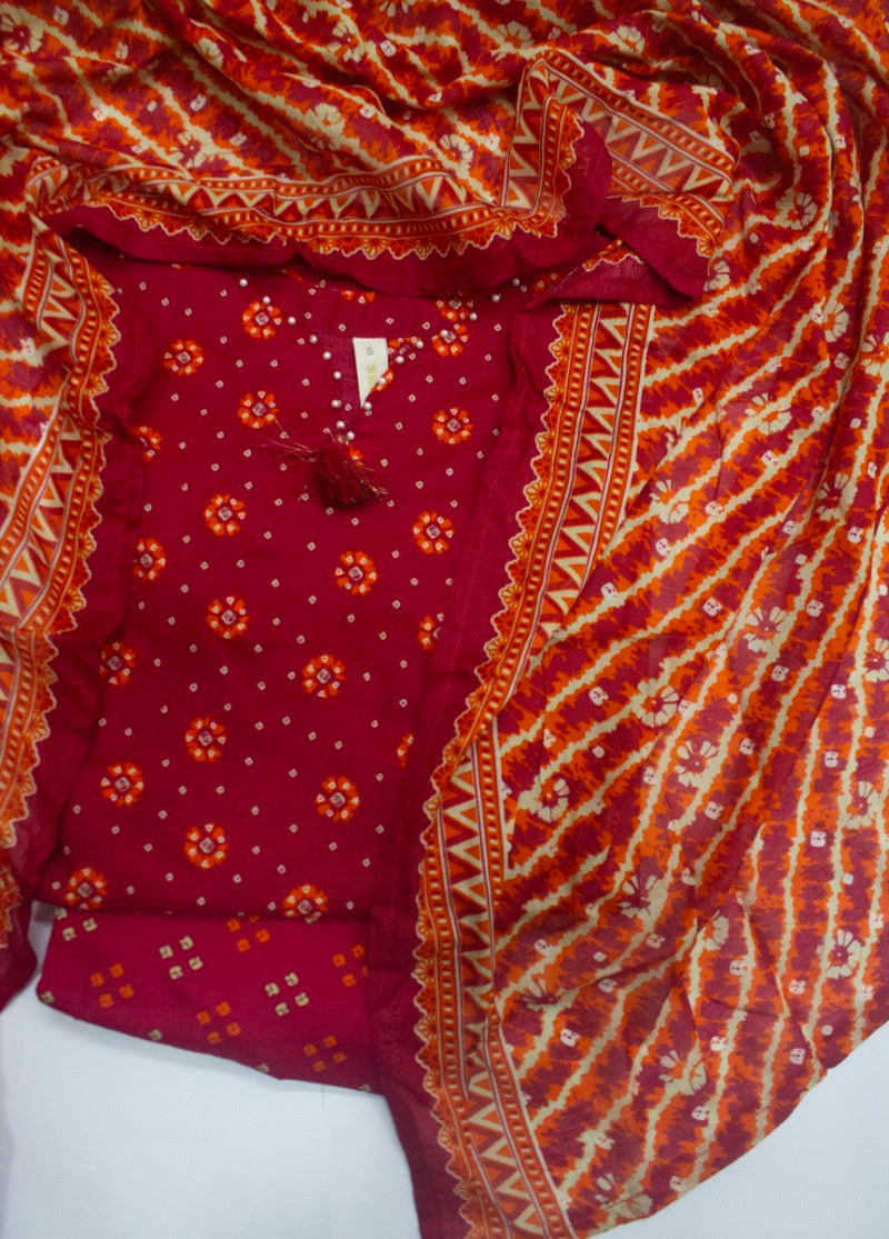 3 Piece Printed Stitched Red Color Lawn Shirt with Trouser & Dupatta