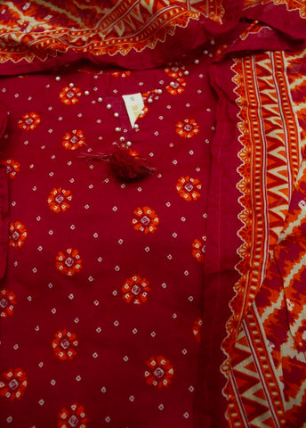 3 Piece Printed Stitched Red Color Lawn Shirt with Trouser & Dupatta