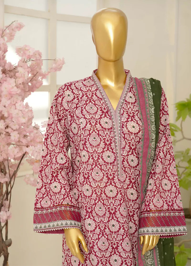 3 Piece Embroidred Stitched Red & Off White Color Lawn Frock with Trouser & Dupatta