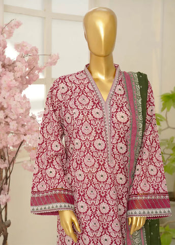 3 Piece Embroidred Stitched Red & Off White Color Lawn Frock with Trouser & Dupatta