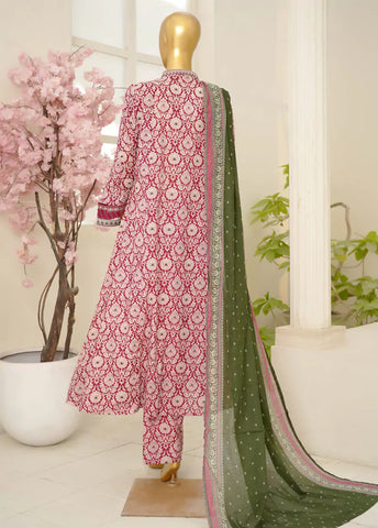 3 Piece Embroidred Stitched Red & Off White Color Lawn Frock with Trouser & Dupatta