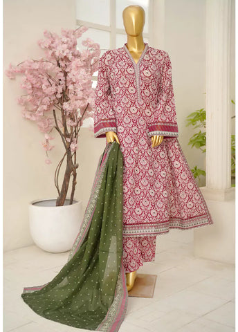 3 Piece Embroidred Stitched Red & Off White Color Lawn Frock with Trouser & Dupatta