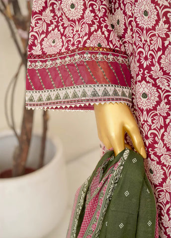 3 Piece Embroidred Stitched Red & Off White Color Lawn Frock with Trouser & Dupatta
