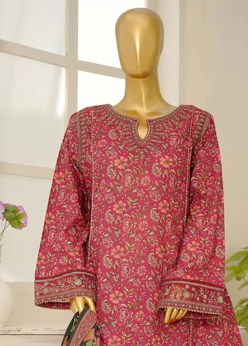 3 Piece Embroidred Stitched Color Lawn Frock with Trouser & Dupatta