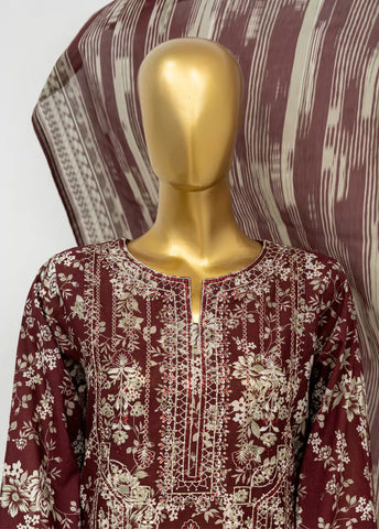 3 Piece Embroidred Stitched Maroon Color Lawn Suit with Trouser & Dupatta