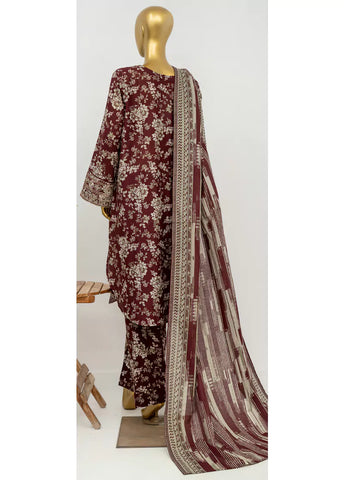 3 Piece Embroidred Stitched Maroon Color Lawn Suit with Trouser & Dupatta