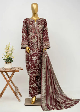 3 Piece Embroidred Stitched Maroon Color Lawn Suit with Trouser & Dupatta