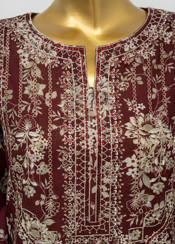 3 Piece Embroidred Stitched Maroon Color Lawn Suit with Trouser & Dupatta