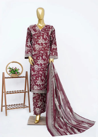 3 Piece Printed Stitched Maroon Color Lawn Shirt with Trouser & Dupatta