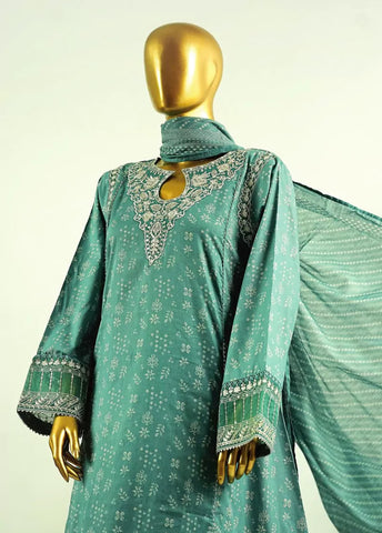 3 Piece Embroidred Stitched Jade Green Color Cotton Frock with Trouser & Dupatta