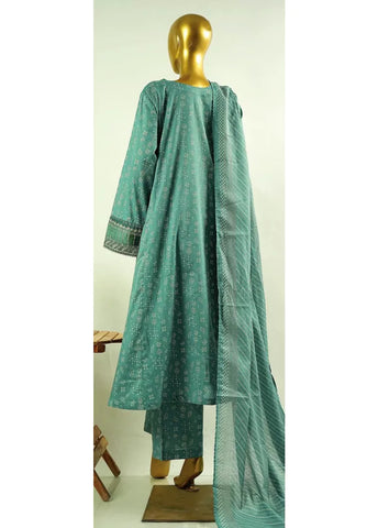 3 Piece Embroidred Stitched Jade Green Color Cotton Frock with Trouser & Dupatta