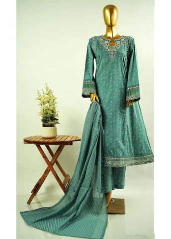 3 Piece Embroidred Stitched Jade Green Color Cotton Frock with Trouser & Dupatta