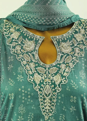 3 Piece Embroidred Stitched Jade Green Color Cotton Frock with Trouser & Dupatta