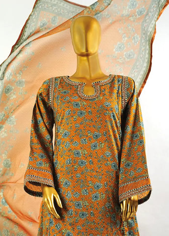 3 Piece Embroidred Stitched Honey Orange Color Cotton Frock with Trouser & Dupatta