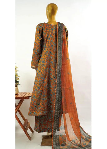 3 Piece Embroidred Stitched Honey Orange Color Cotton Frock with Trouser & Dupatta
