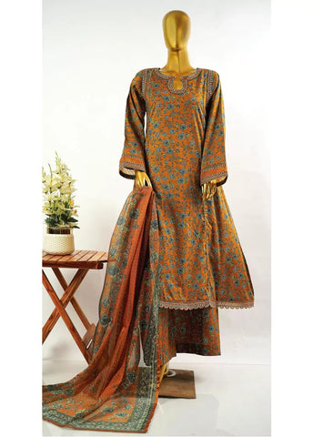 3 Piece Embroidred Stitched Honey Orange Color Cotton Frock with Trouser & Dupatta