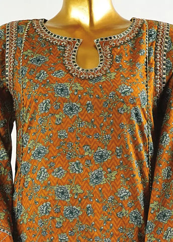 3 Piece Embroidred Stitched Honey Orange Color Cotton Frock with Trouser & Dupatta