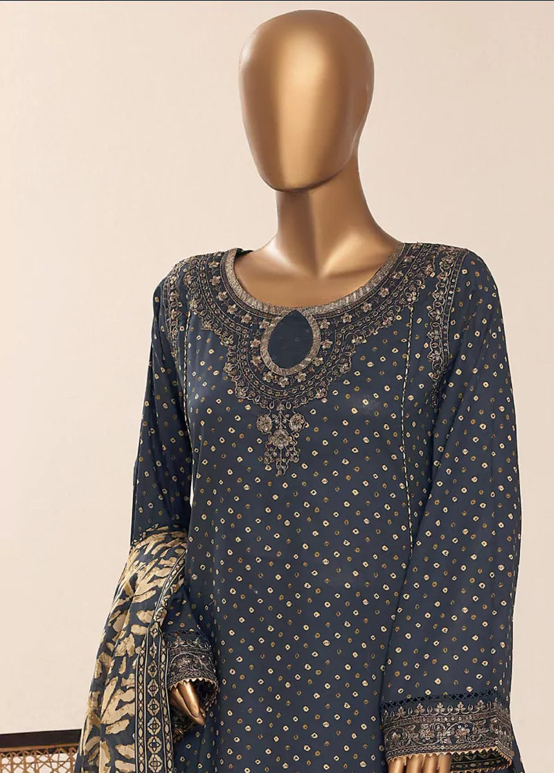 3 Piece Embroidred Stitched Navy Blue Color Cotton Frock with Trouser & Dupatta