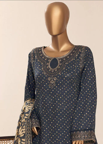 3 Piece Embroidred Stitched Navy Blue Color Cotton Frock with Trouser & Dupatta