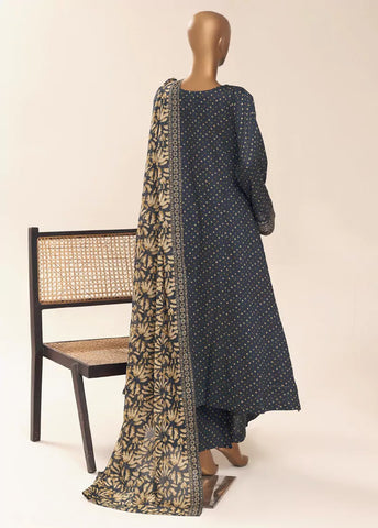 3 Piece Embroidred Stitched Navy Blue Color Cotton Frock with Trouser & Dupatta