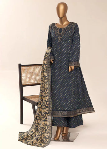 3 Piece Embroidred Stitched Navy Blue Color Cotton Frock with Trouser & Dupatta