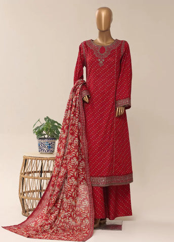 3 Piece Embroidred Stitched Red Color Cotton Frock with Trouser & Dupatta
