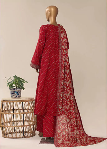 3 Piece Embroidred Stitched Red Color Cotton Frock with Trouser & Dupatta