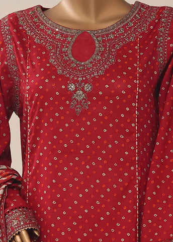 3 Piece Embroidred Stitched Red Color Cotton Frock with Trouser & Dupatta