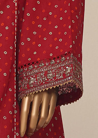 3 Piece Embroidred Stitched Red Color Cotton Frock with Trouser & Dupatta