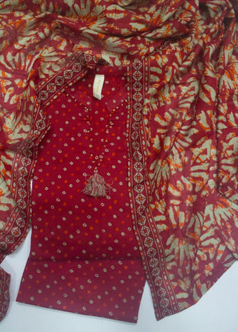 3 Piece Printed Stitched Red Color Lawn Shirt with Trouser & Dupatta