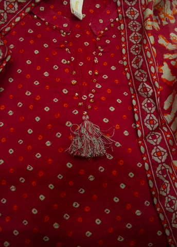 3 Piece Printed Stitched Red Color Lawn Shirt with Trouser & Dupatta