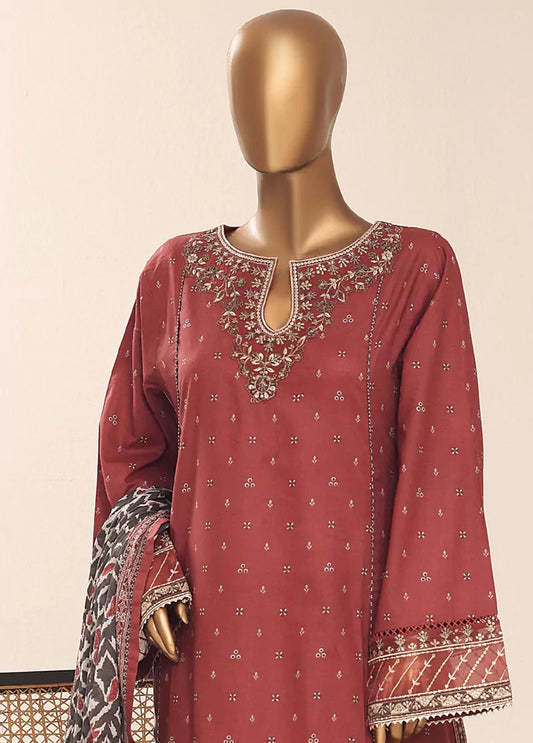 3 Piece Embroidred Stitched Rust Color Cotton Frock with Trouser & Dupatta