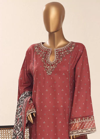 3 Piece Embroidred Stitched Rust Color Cotton Frock with Trouser & Dupatta