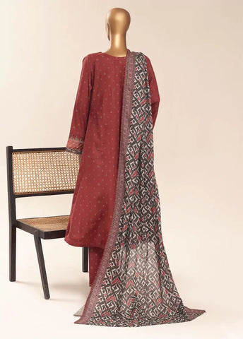 3 Piece Embroidred Stitched Rust Color Cotton Frock with Trouser & Dupatta
