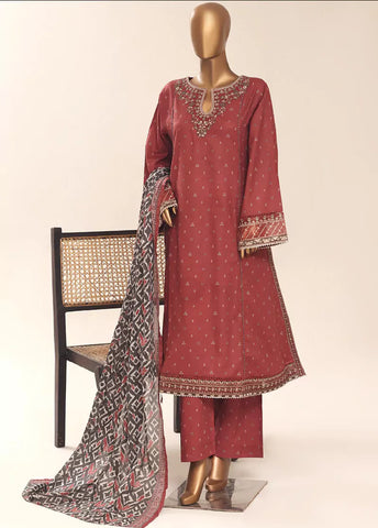 3 Piece Embroidred Stitched Rust Color Cotton Frock with Trouser & Dupatta