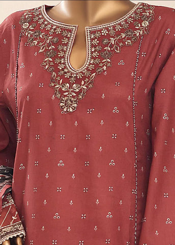 3 Piece Embroidred Stitched Rust Color Cotton Frock with Trouser & Dupatta