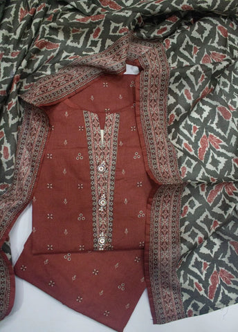 3 Piece Printed Stitched Rust Color Lawn Shirt with Trouser & Dupatta