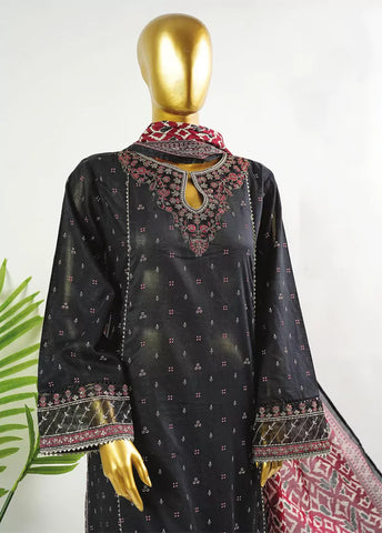3 Piece Embroidred Stitched Black Color Cotton Frock with Trouser & Dupatta