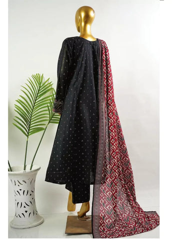 3 Piece Embroidred Stitched Black Color Cotton Frock with Trouser & Dupatta