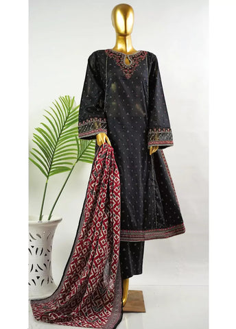 3 Piece Embroidred Stitched Black Color Cotton Frock with Trouser & Dupatta