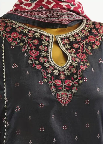3 Piece Embroidred Stitched Black Color Cotton Frock with Trouser & Dupatta