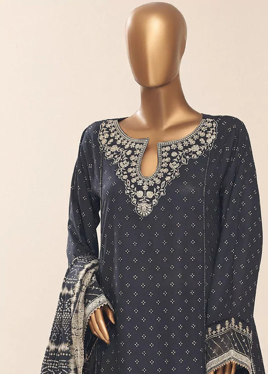 3 Piece Embroidred Stitched Charcoal Color Cotton Frock with Trouser & Dupatta