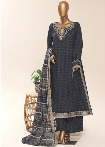 3 Piece Embroidred Stitched Charcoal Color Cotton Frock with Trouser & Dupatta